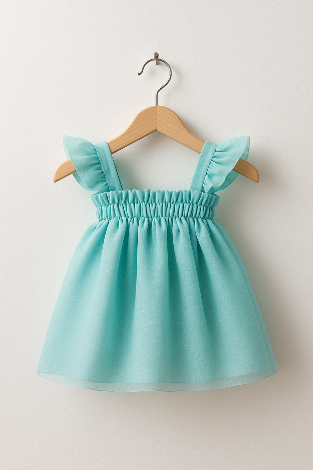 Back view of a sleeveless blue net frock for baby girls, featuring ruffle straps and an elasticated back. The dress is displayed on a wooden hanger against a plain white background.