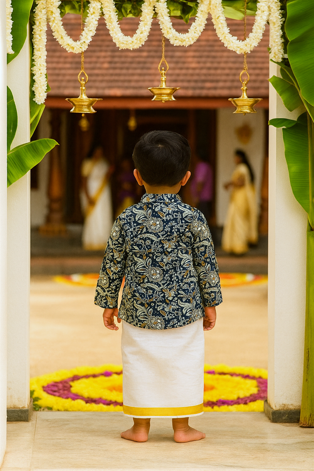 Back view of boy in navy floral kurta and white dhoti, standing near floral garlands and traditional Onam decorations.