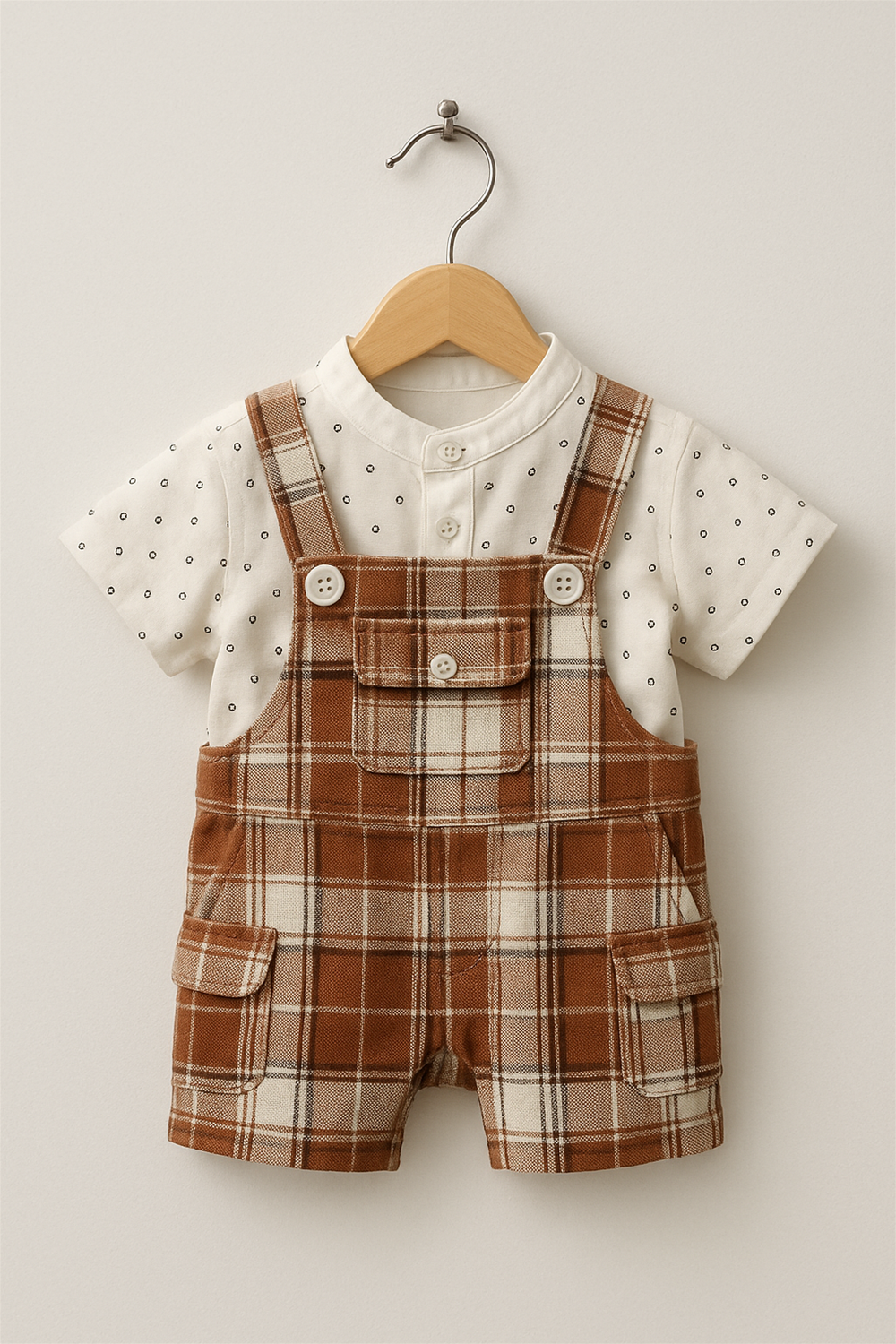 Baby boy's brown check dungaree with a white polka dot shirt, showcasing a cute and playful outfit for infants.