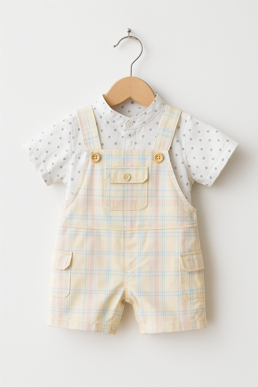 Baby boy's stylish Pastel shade checked dungaree paired with a Chinese collar showcasing a charming white polka dot design inner.