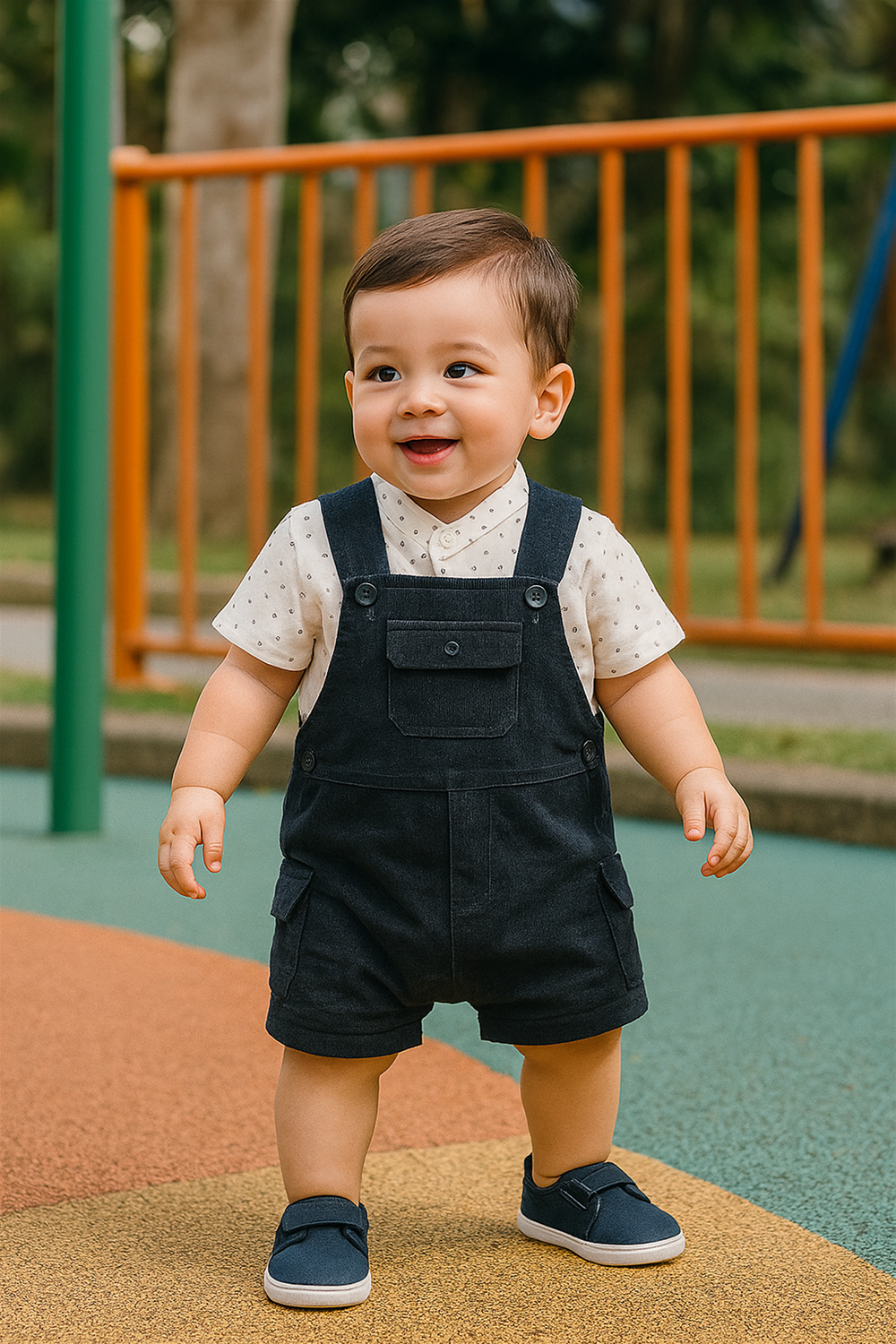 Smiling toddler wearing navy blue corduroy dungaree and white printed shirt, standing at colorful playground with bright poles.
