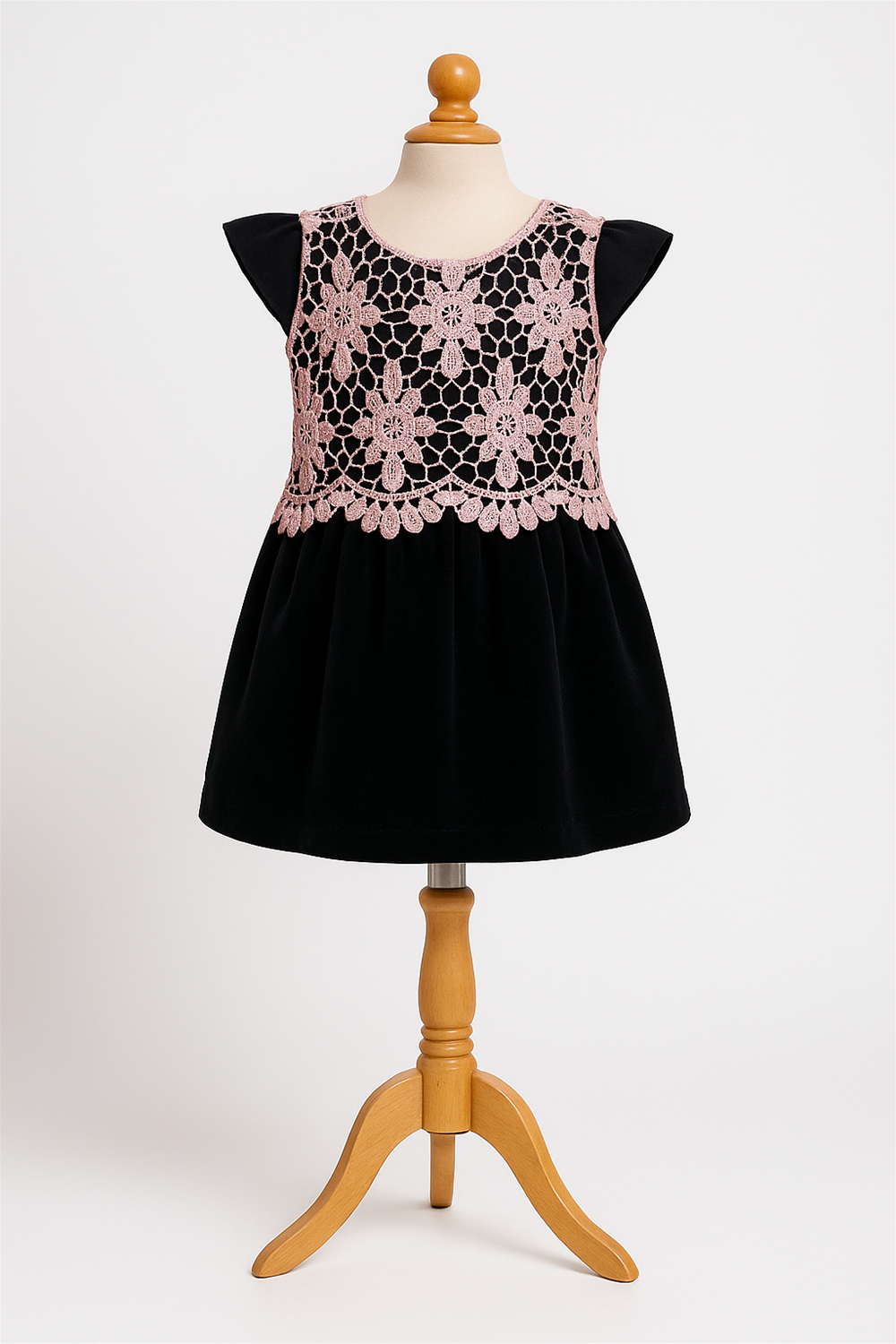  A Peach cut work with black velvet party wear frock in  foam mannequin. 