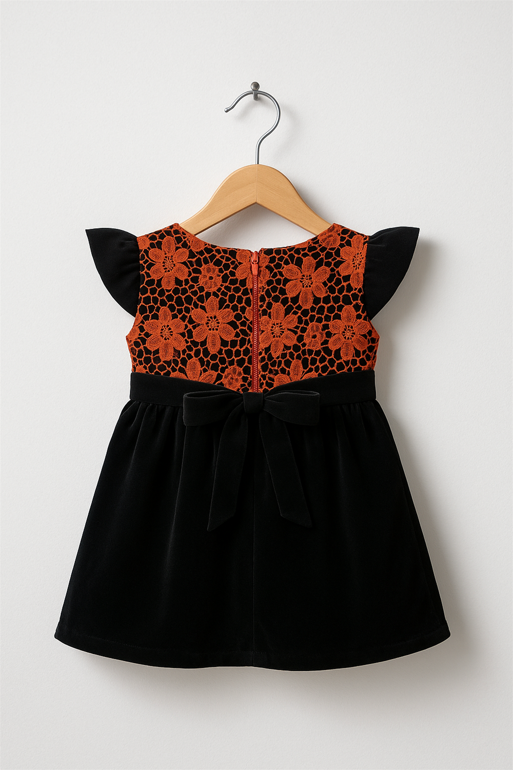 A red cut work dress with black velvet in a wooden hanger back view.