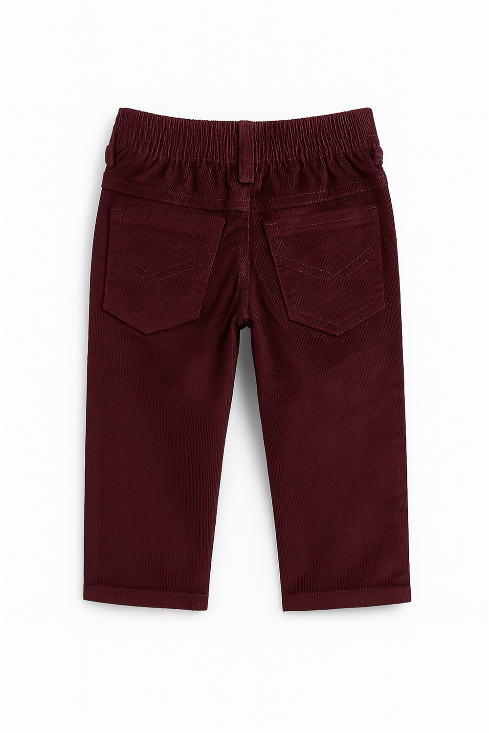 Maroon corduroy boys' full-length pants laid flat on a white background. The pants feature front scoop pockets, a coin pocket, belt loops, and a button closure at the waist. The fabric has a fine ribbed texture, giving it a soft and structured appearance.