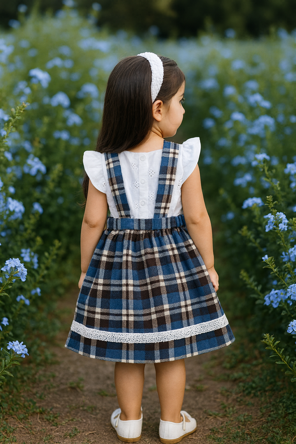 Back view of little girl in festive Blue plaid frock with suspenders, lace hem, and hair bow.