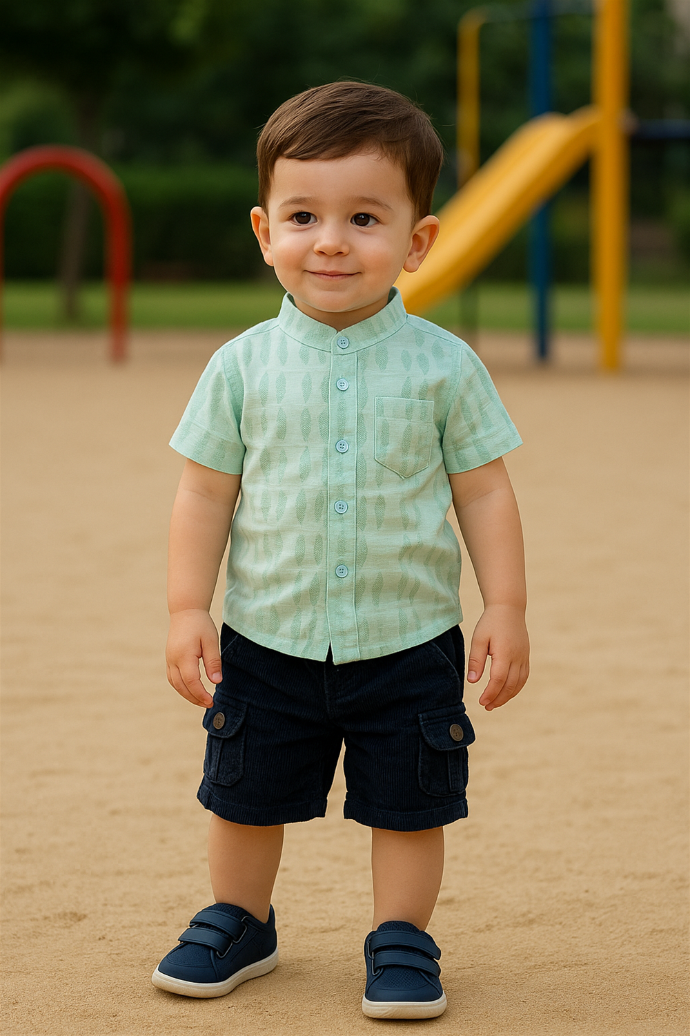 A toddler boy wearing a pastel green half-sleeve Chinese collar shirt with subtle textured prints. The shirt features a front pocket and button-down closure, styled with navy cargo shorts and shoes in an outdoor playground setting.