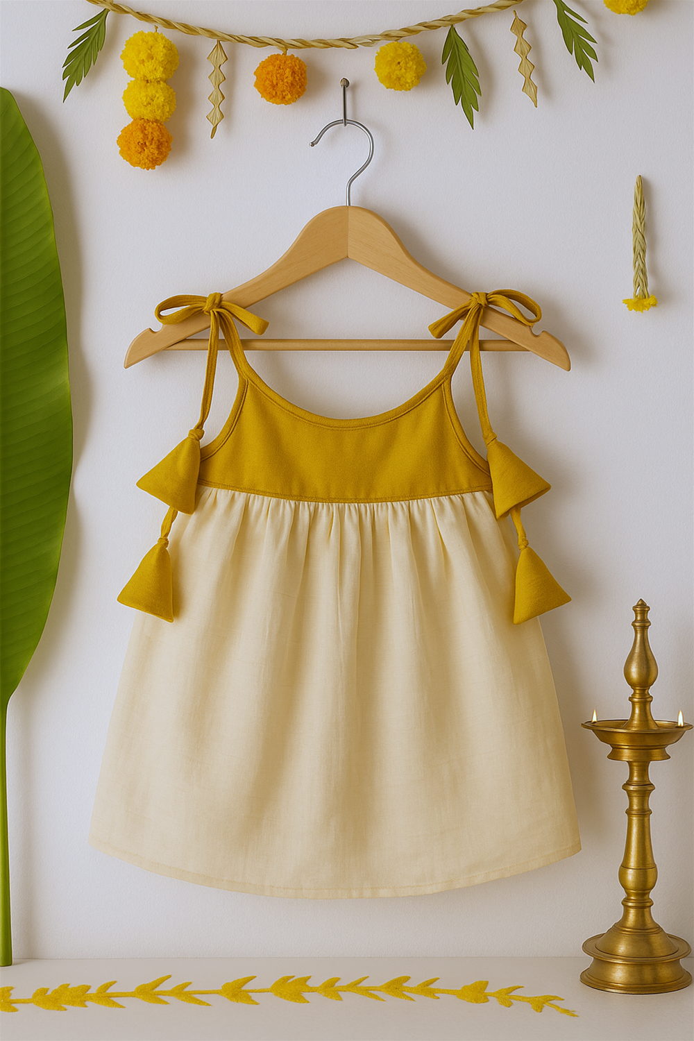 A festive baby dress in cream and mustard yellow is displayed on a wooden hanger, featuring shoulder tie-up straps with tassel accents. The backdrop includes marigold garlands, banana leaves, and a brass lamp, creating a traditional celebratory setting.