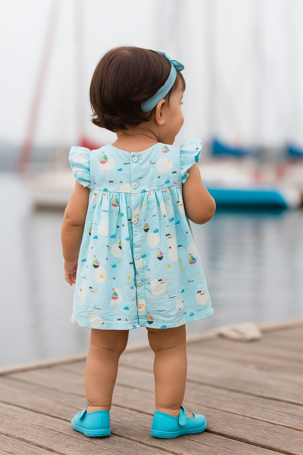 Back view baby girl in blue dress outdoors – Toddler facing water, wearing blue sailboat-printed dress with buttoned back and blue shoes, standing near marina dock.