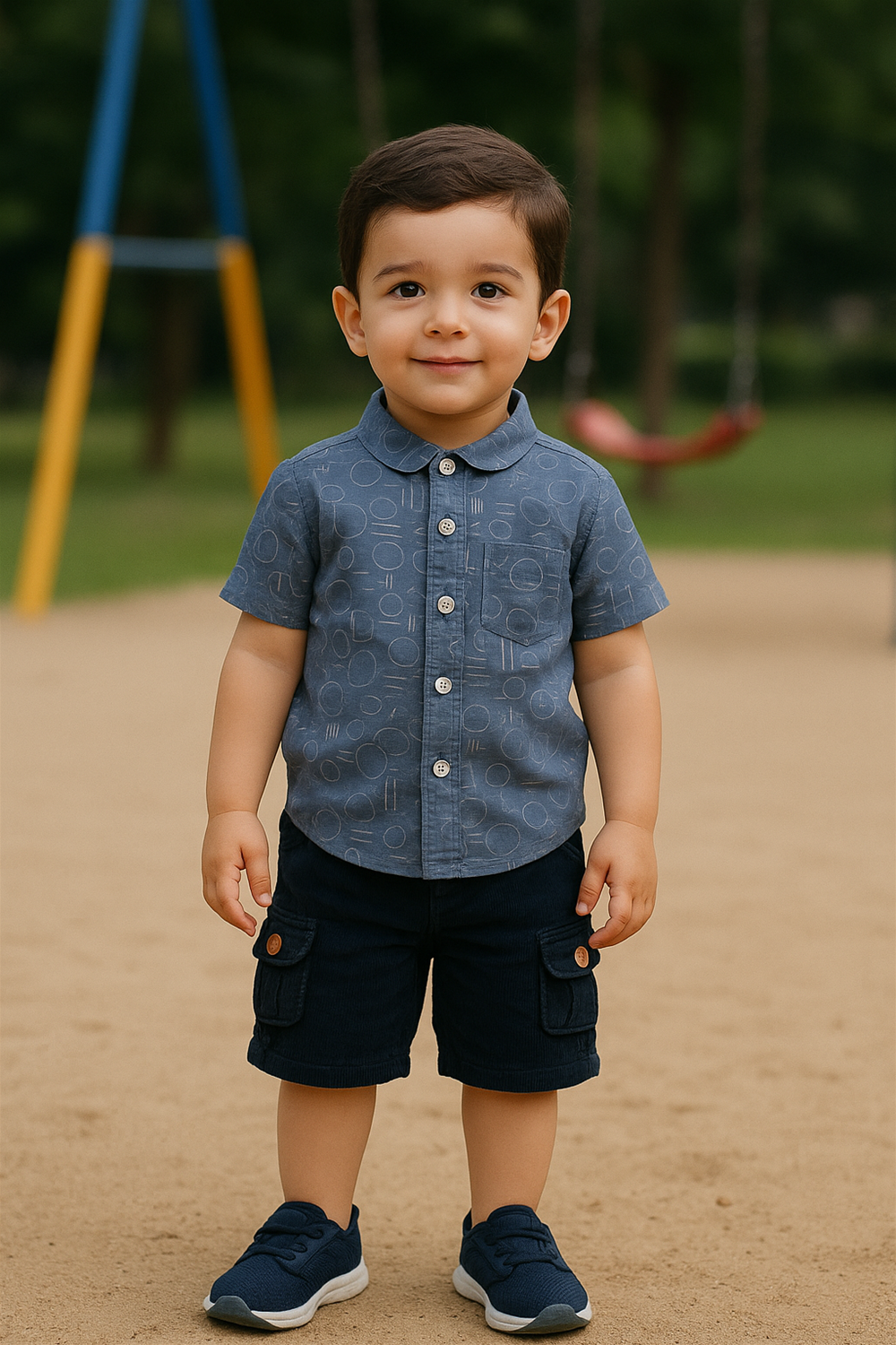 A toddler boy wearing a stylish half-sleeve club collar shirt with abstract circle and line patterns. Captured outdoors in a playground, the shirt pairs perfectly with navy corduroy shorts and sneakers.