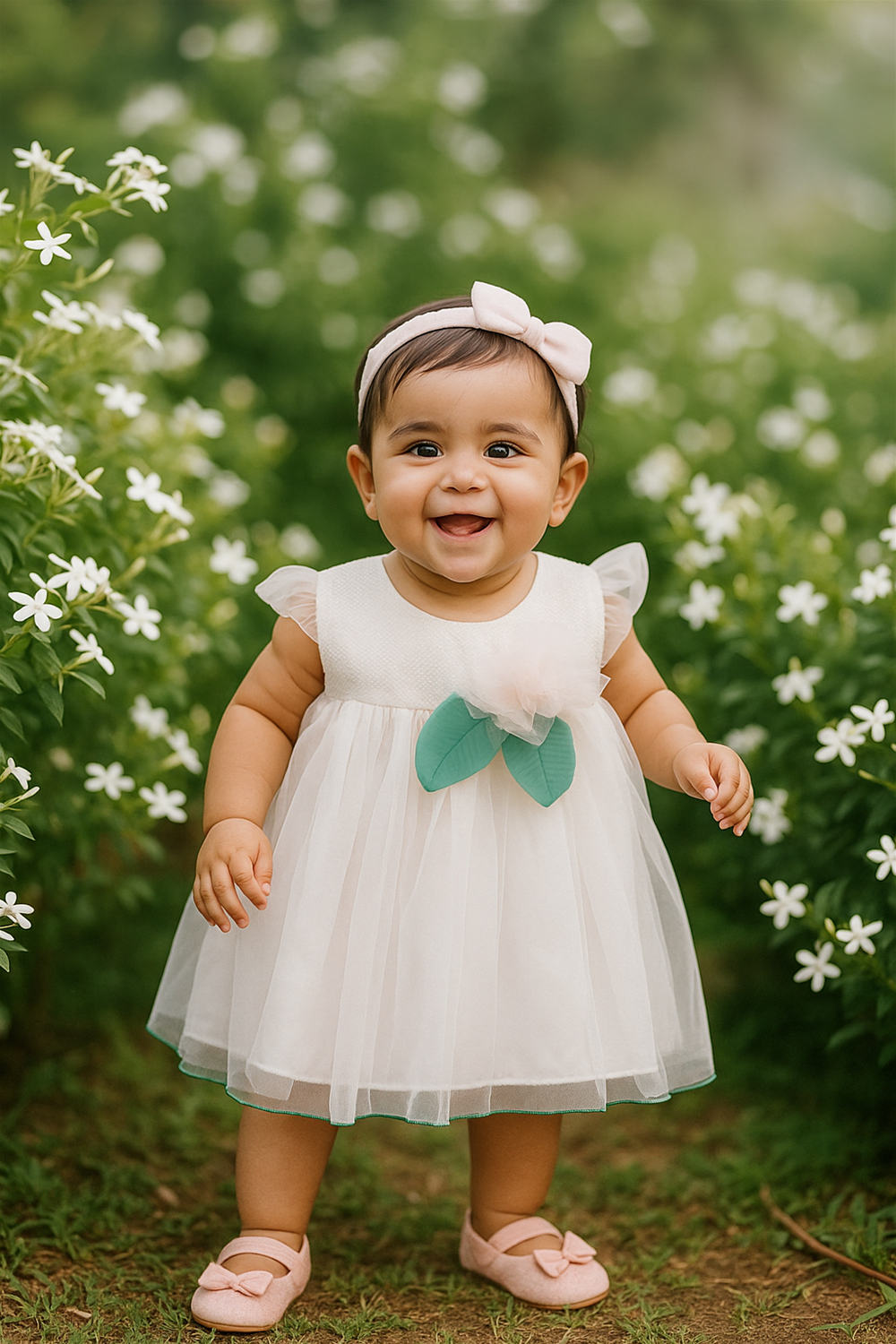 A smiling baby girl wearing a white frock adorned with a pink flower and green leaves, surrounded by a garden of white blooms.