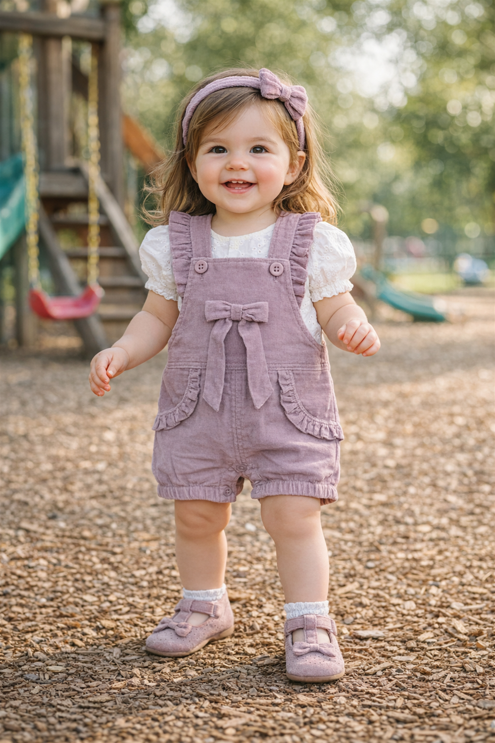 Smiling toddler girl wearing Onion pink dungaree with bow and white top, standing outdoors in playground setting