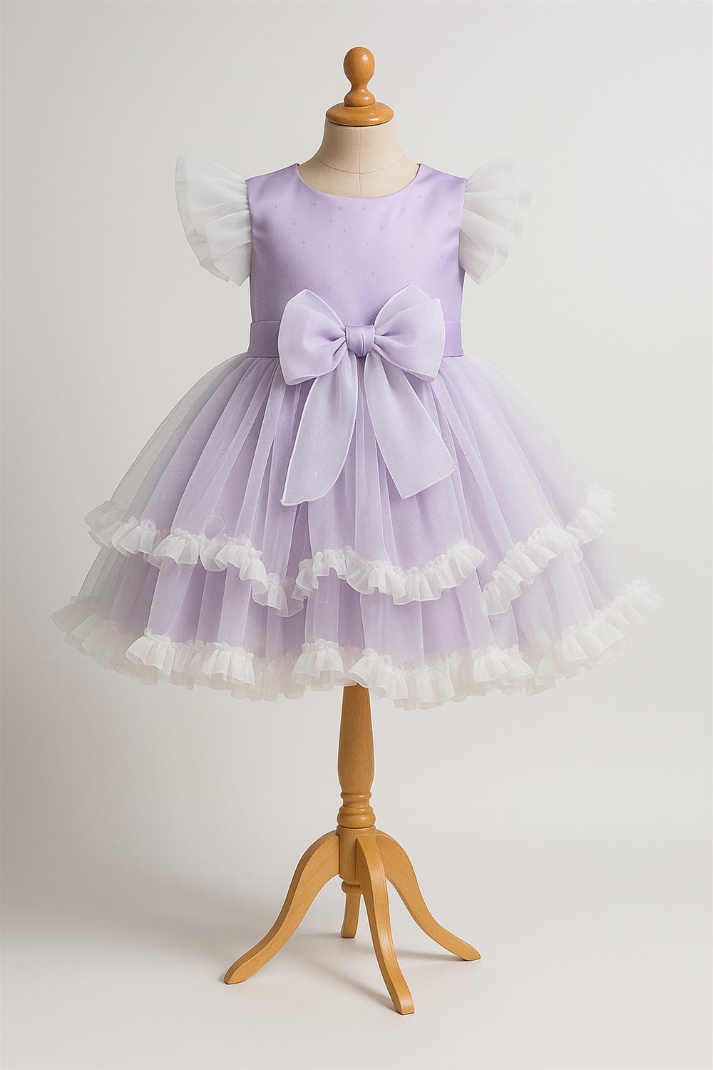 Baby girl in lavender dress front view — Happy baby girl in lavender tulle frock with puffed sleeves and big bow, standing among purple iris flowers.