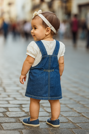 A toddler girl is seen from behind wearing a blue denim A-line pinafore dress with criss-cross straps and a white embroidered puff-sleeve top. She completes the outfit with denim shoes and a cream lace headband, walking joyfully on a cobblestone street.