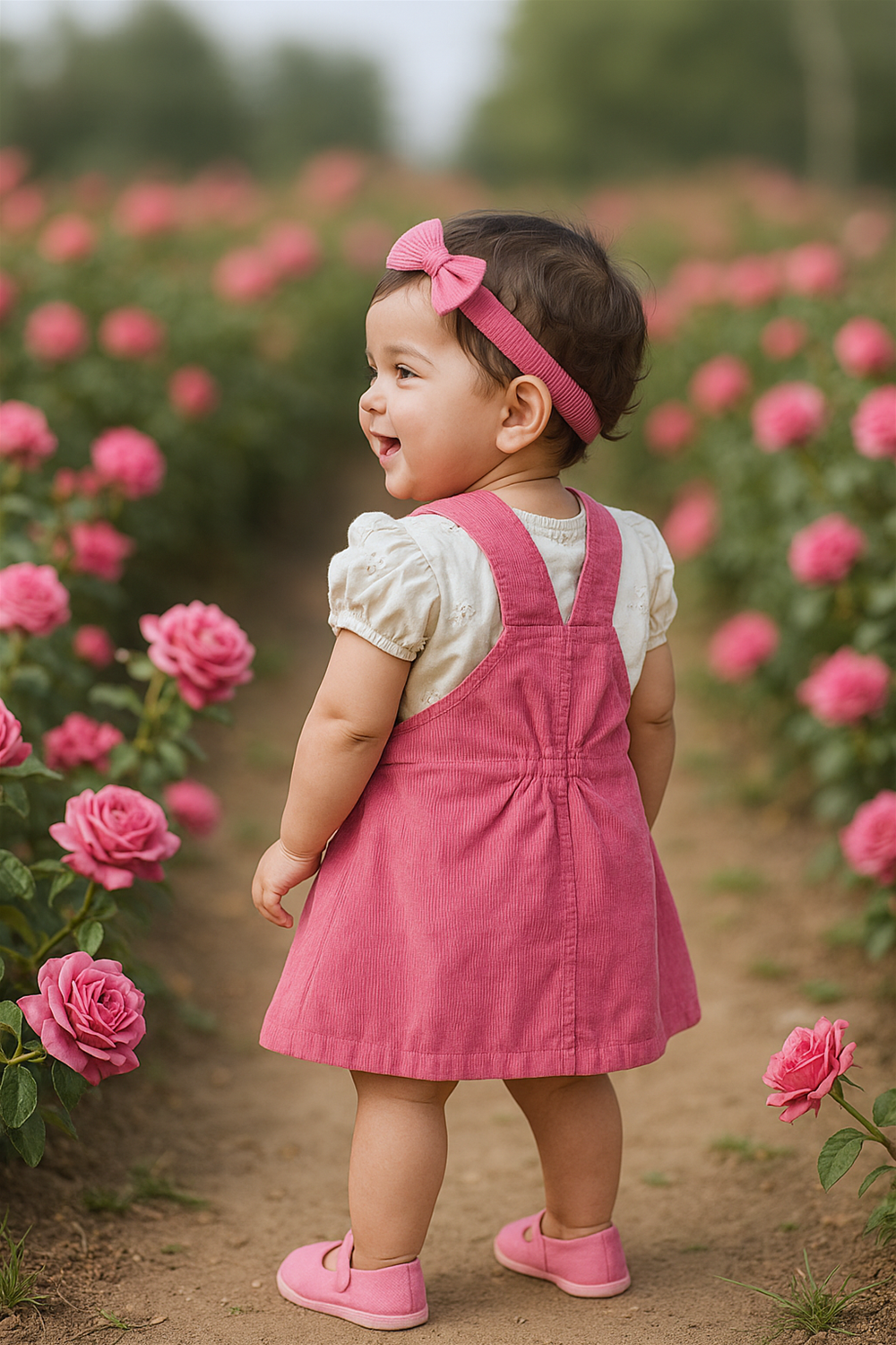 A baby girl in a pink corduroy pinafore dress walks through a vibrant field of blooming pink flowers.
