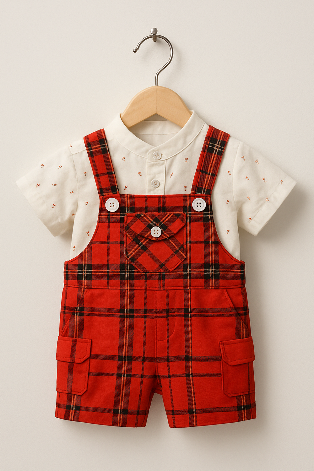 Baby boy's red plaid dungaree and a white Chinese collar shirt, perfect for casual or special occasions.