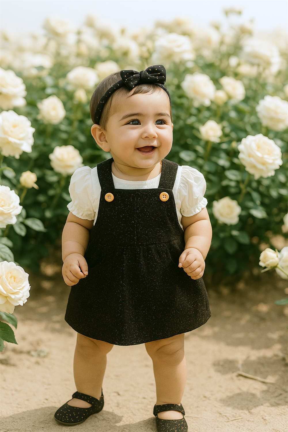  A baby girl in a black sparkling pinafore dress stands among blooming white roses field.