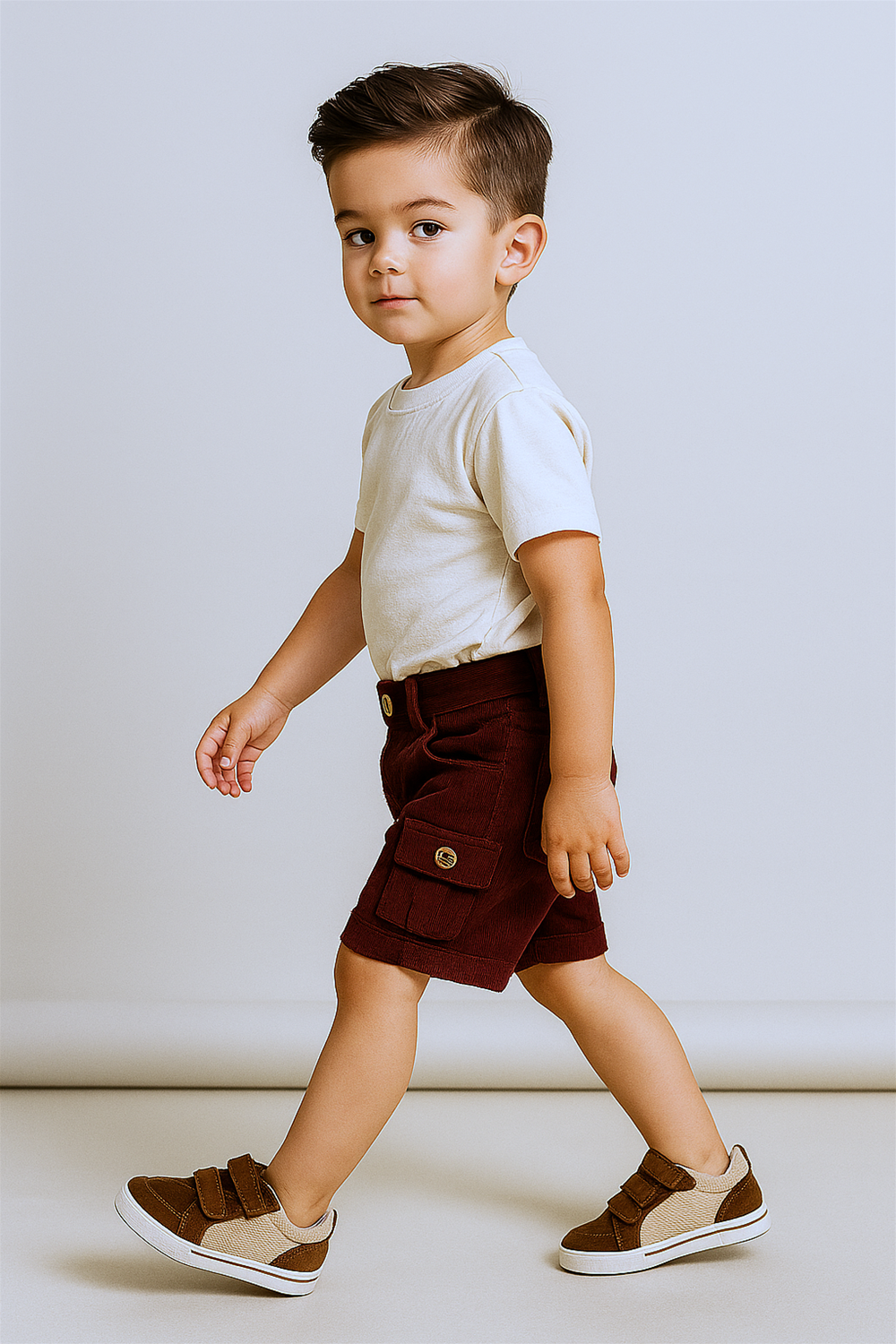 A stylish young boy walking confidently in a studio setting, dressed in a beige t-shirt paired with maroon corduroy cargo shorts and brown-and-beige velcro sneakers. The shorts feature buttoned side flap pockets, and the boy has neatly styled hair with a side part, giving a fashionable and composed look.