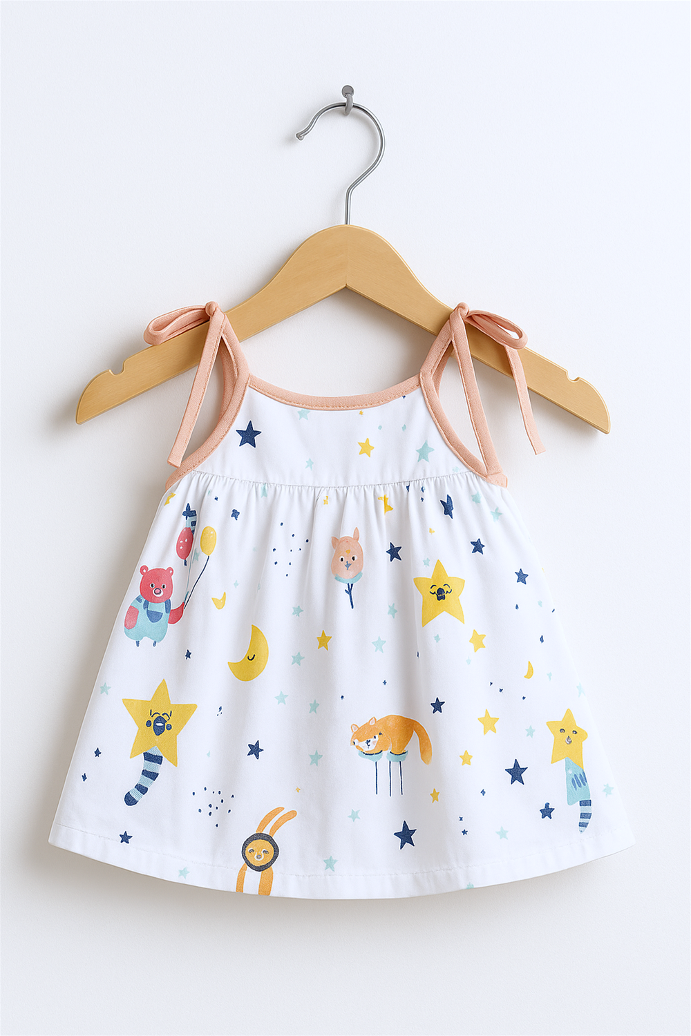 Children’s sleeveless cotton dress displayed on a wooden hanger against a white studio background. The dress features colorful space-themed prints with peach shoulder tie-ups and playful star and animal motifs.