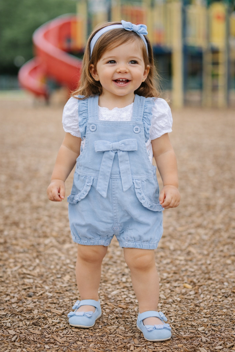 Smiling toddler girl wearing light blue dungaree with bow and white top, standing outdoors in playground setting.