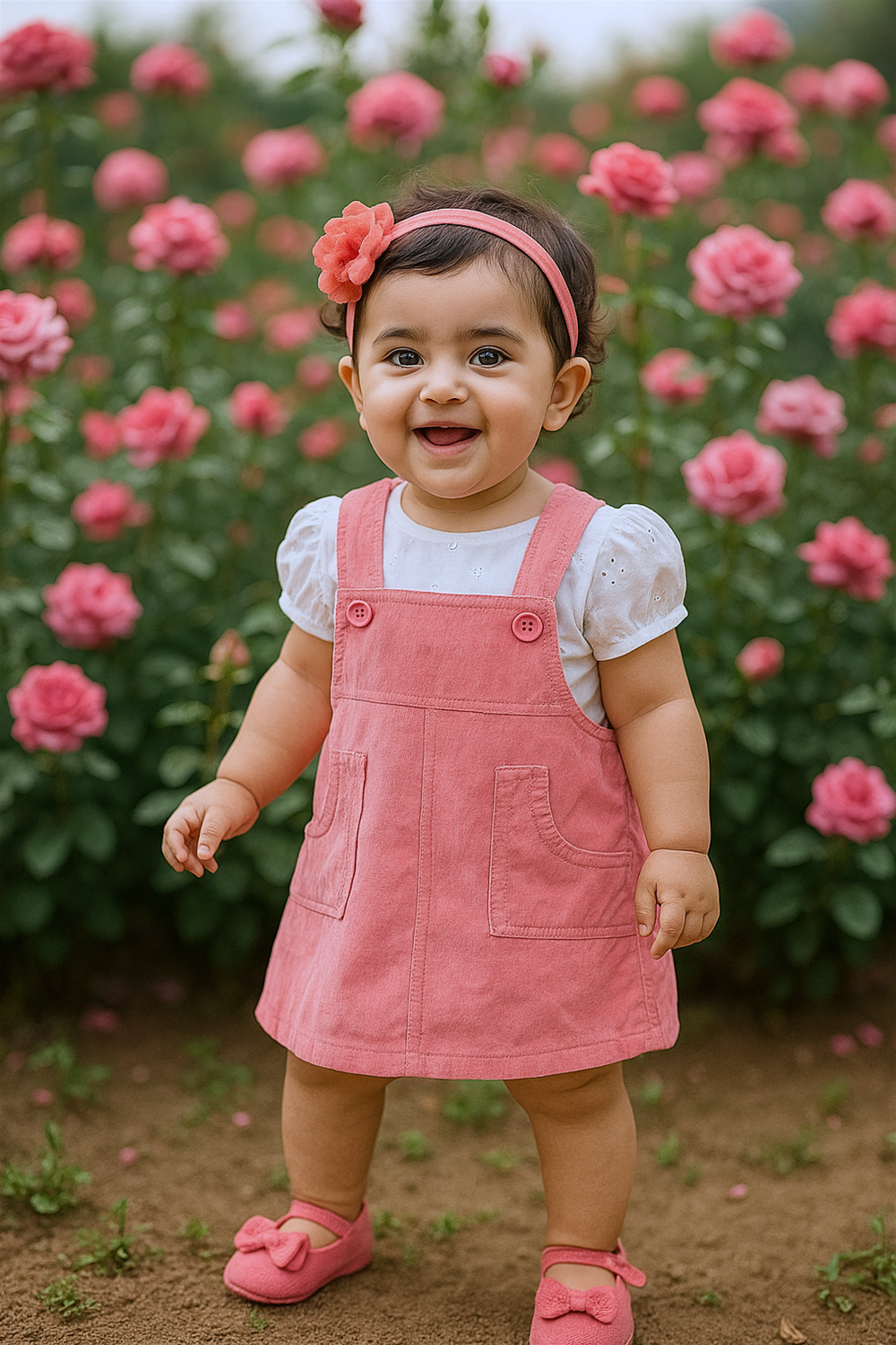 A baby girl in a pink corduroy pinafore dress walks through a vibrant field of blooming pink flowers.