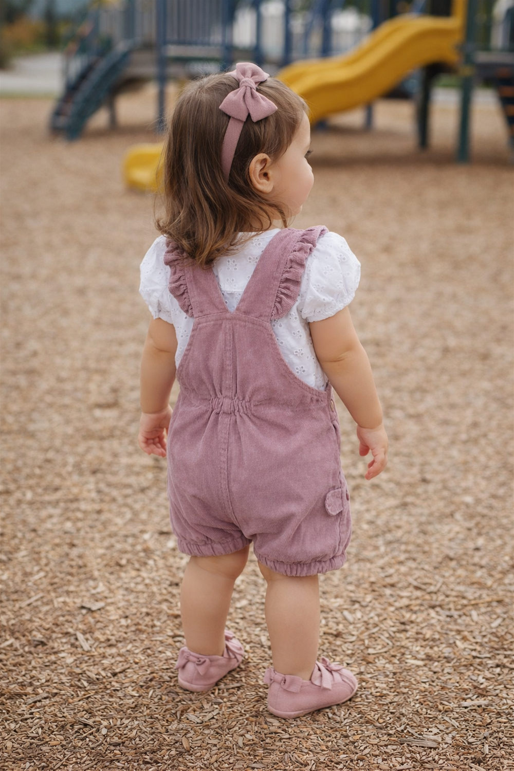 Back view of toddler wearing onion pink dungaree and white top, standing at playground, showing elastic waist and straps.
