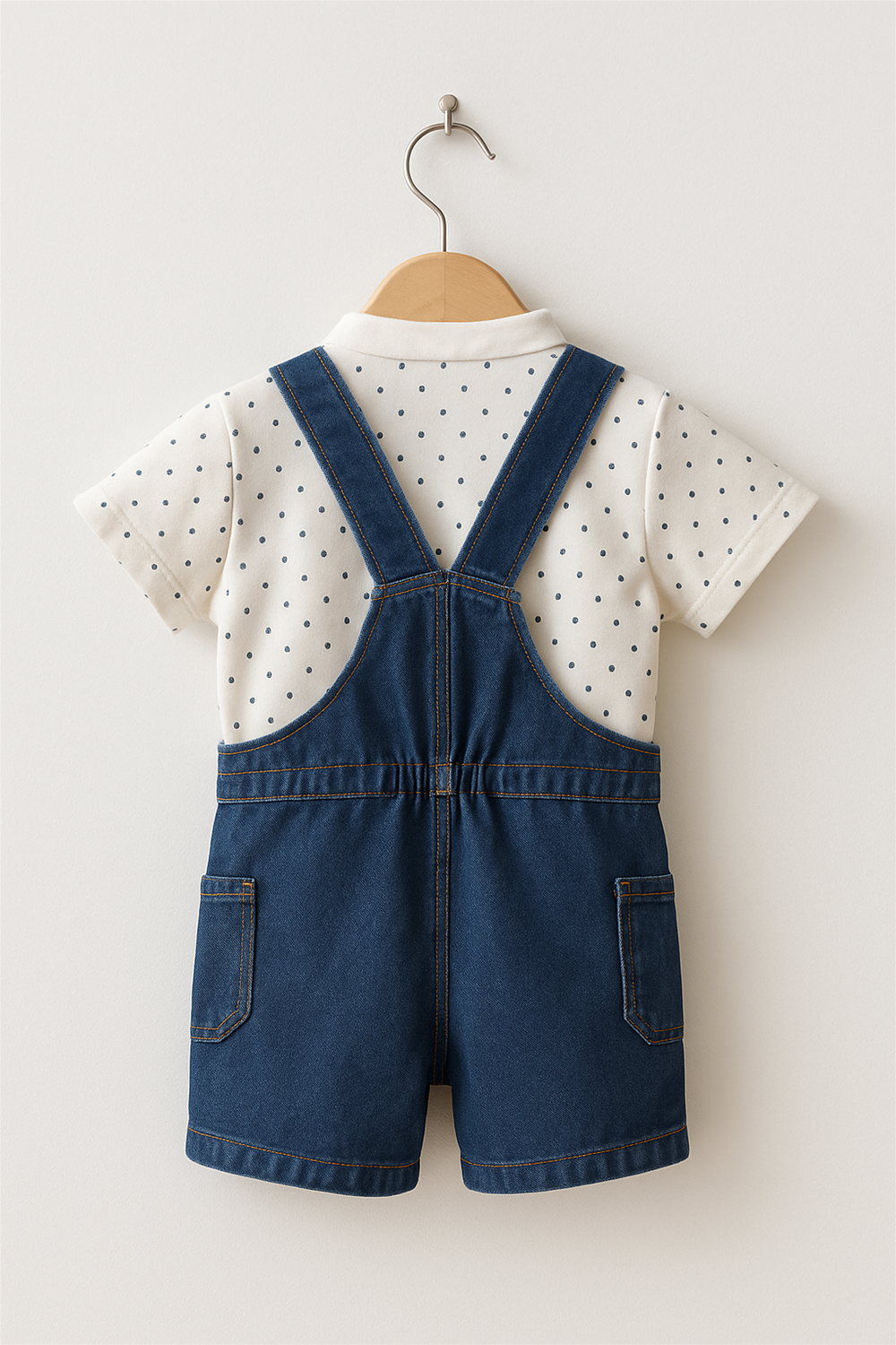 A baby boy's blue Demin dungaree paired with a white polka dot shirt, showcasing a cute and playful outfit for infants.
