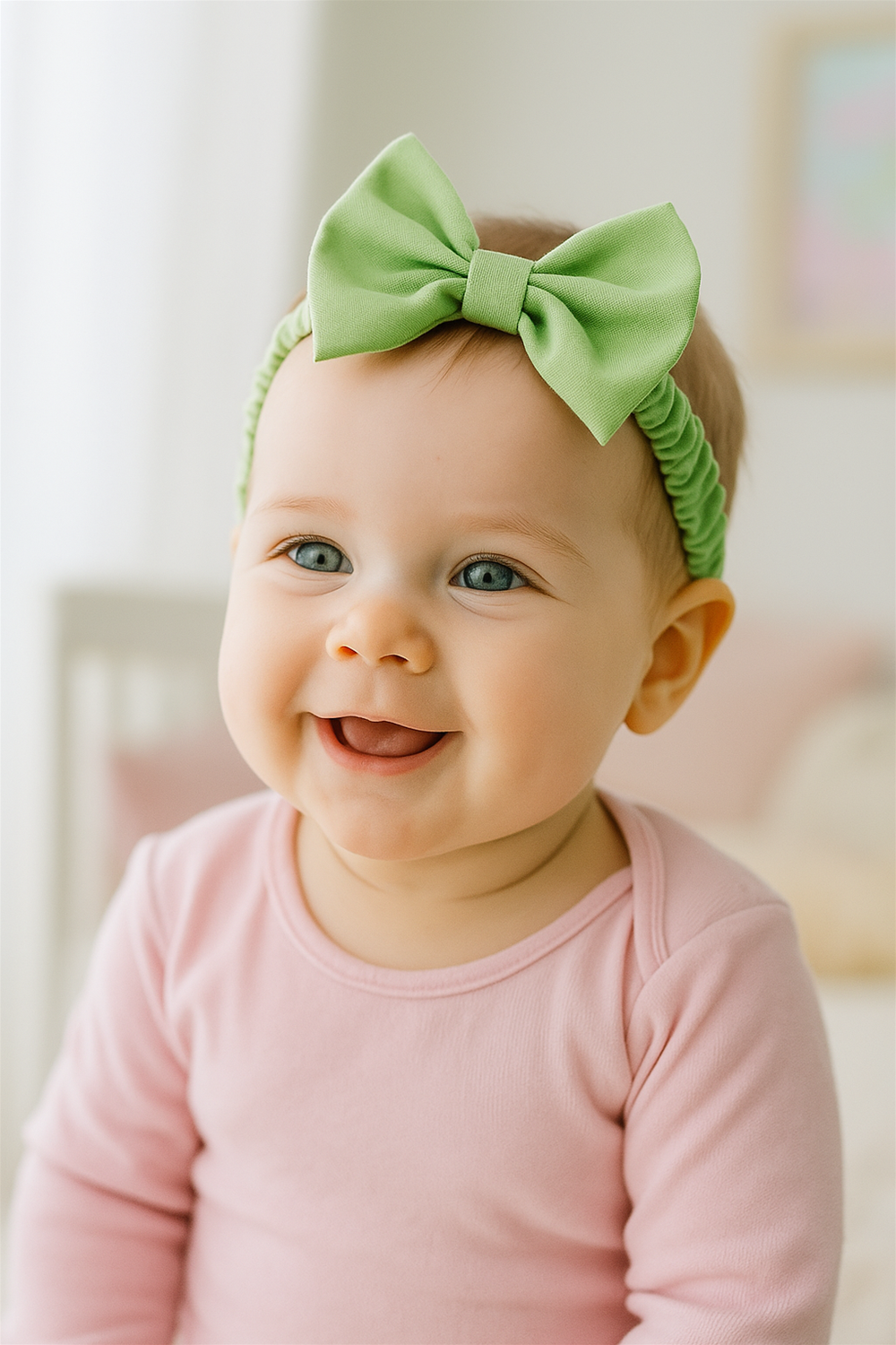 A baby with blue eyes smiles warmly, wearing a pastel green elastic headband adorned with a large bow. She is dressed in a light pink long-sleeve onesie, sitting in a softly lit room with a cozy background.