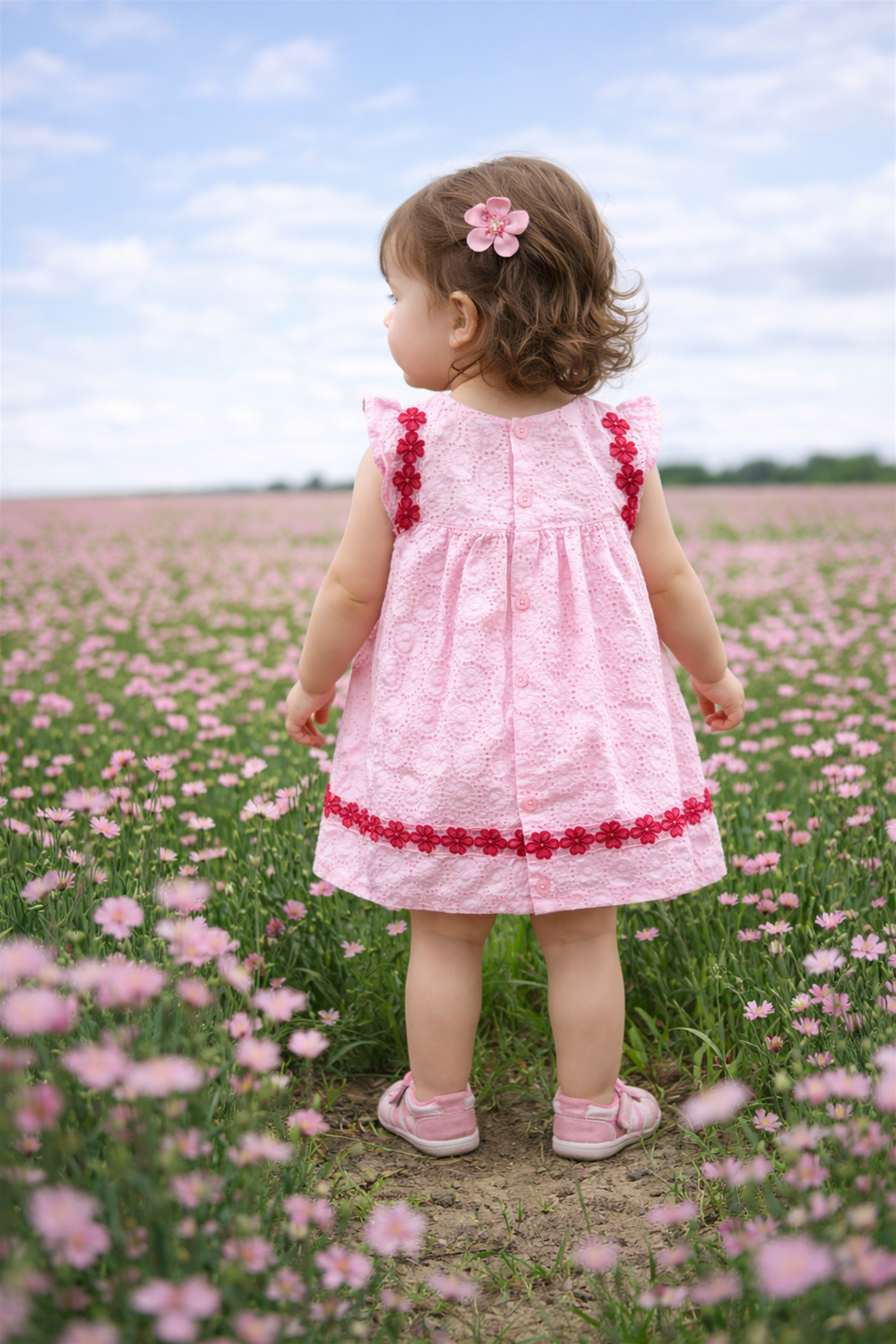 Back view of a toddler girl in a pink lace dress with red floral accents, walking through a flower-filled garden.