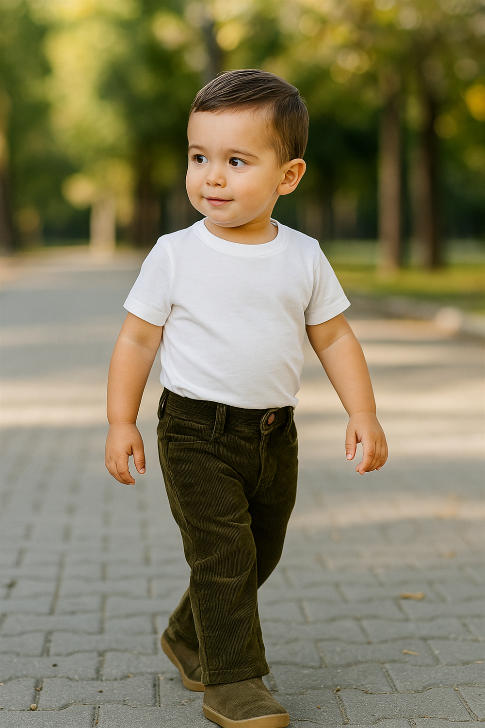 A toddler boy walking outdoors on a paved path, wearing a plain white t-shirt tucked into dark olive green corduroy pants. The pants have a visible front button closure and a snug fit around the waist, paired with matching olive-toned shoes. The background features a softly focused tree-lined park with natural sunlight, creating a warm and cheerful atmosphere.
