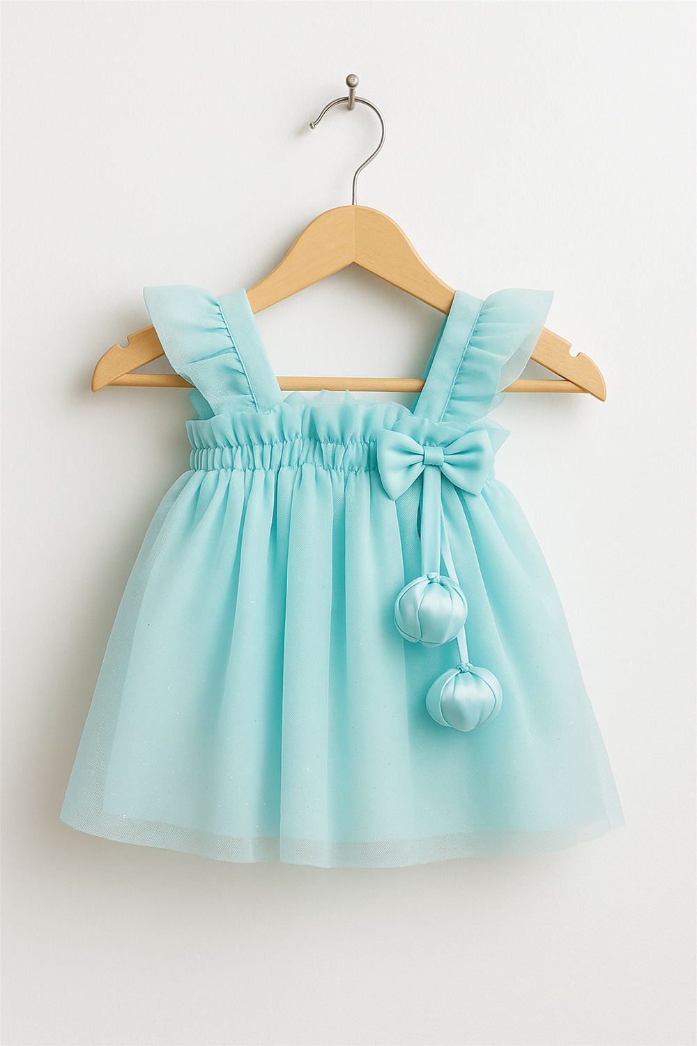 A sleeveless blue net frock for baby girls, featuring ruffle straps, a bow accent, and two decorative fabric balls. The dress is displayed on a wooden hanger against a plain white background.