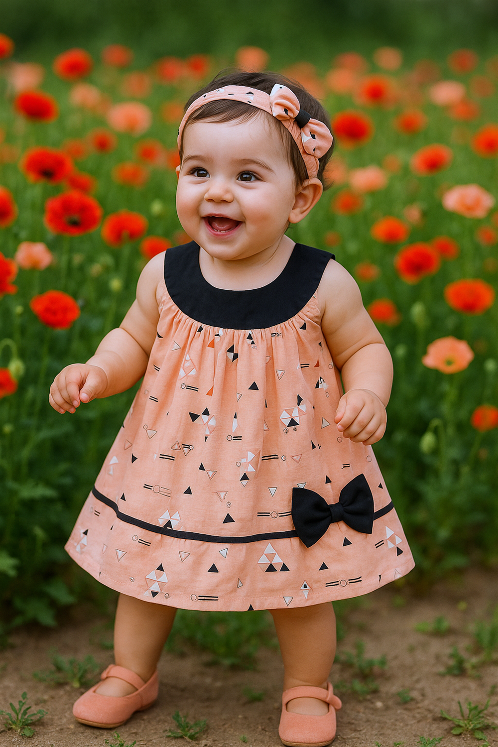 Happy baby girl wearing peach frock with black bow, black neckline, and headband, standing joyfully among blooming poppy flowers.