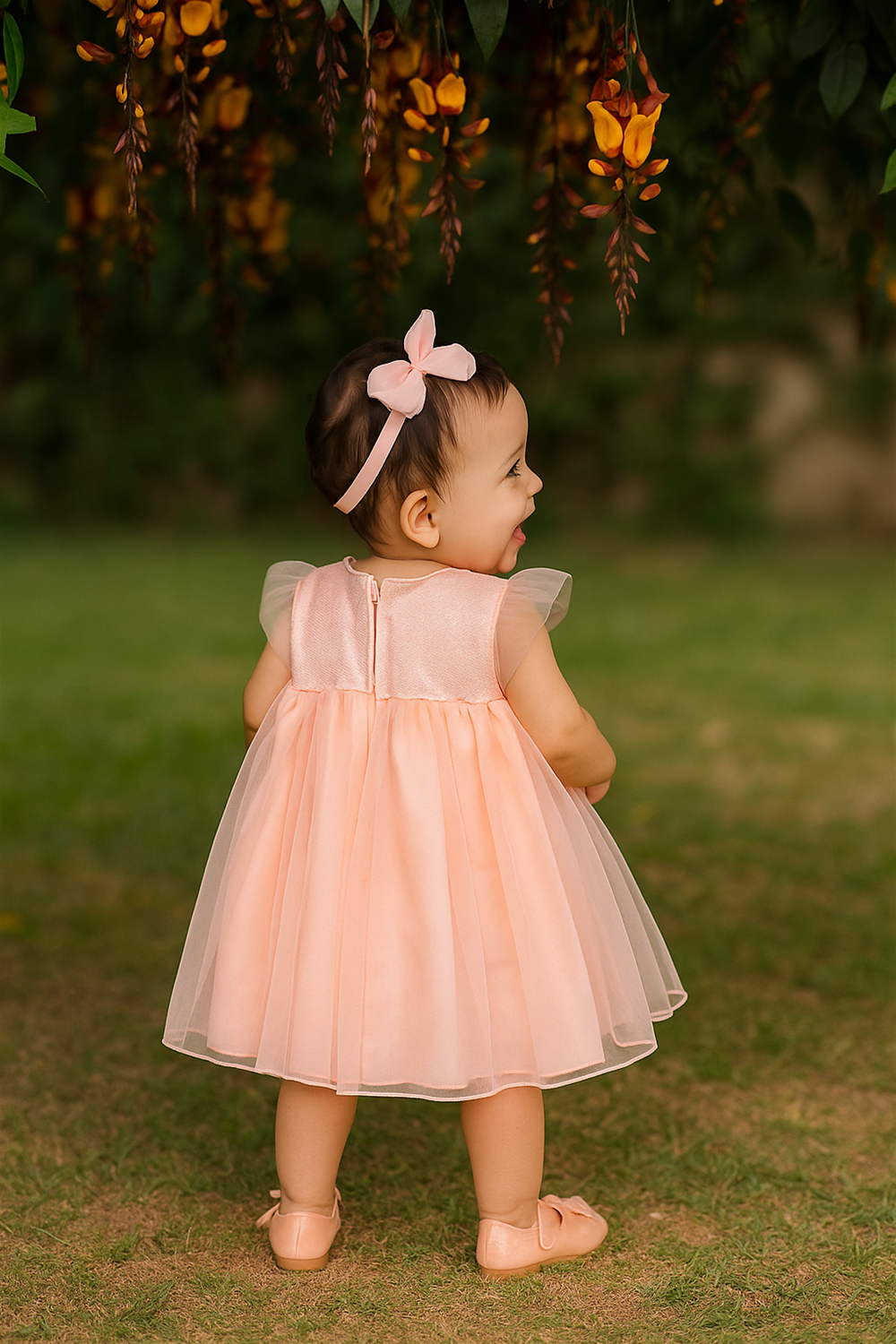A baby girl wearing a white frock with sheer sleeves and a tulle skirt, standing outdoors among blooming white flowers.