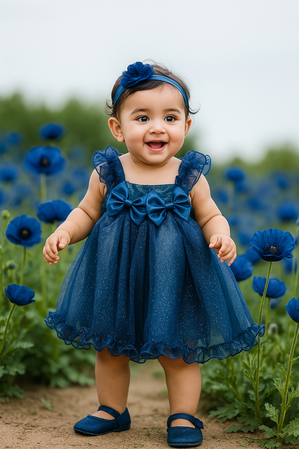 A baby girl wearing a blue glitter net dress is surrounded by blooming navy blue poppies in a lush green field.