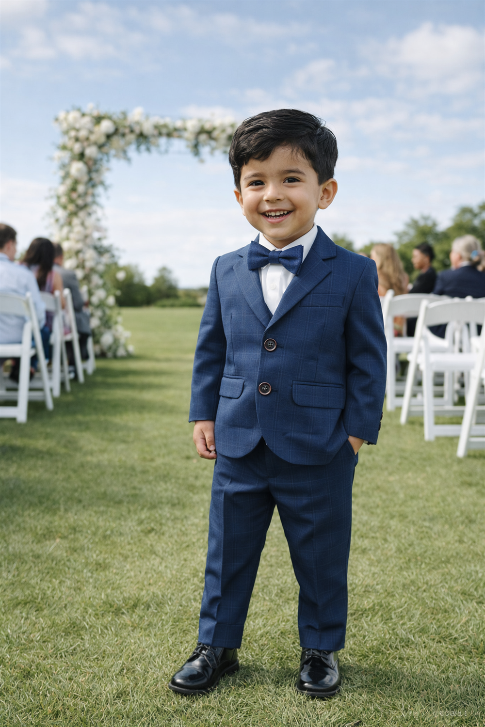 Smiling toddler boy in suit and bow tie standing outdoors at wedding aisle with floral arches and guests.