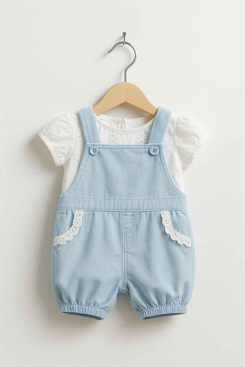 A baby romper outfit displayed on a wooden hanger, featuring light blue overalls with white lace-trimmed pockets and a short-sleeved white eyelet top. The romper has buttoned straps and elasticated leg openings, styled against a plain white background.