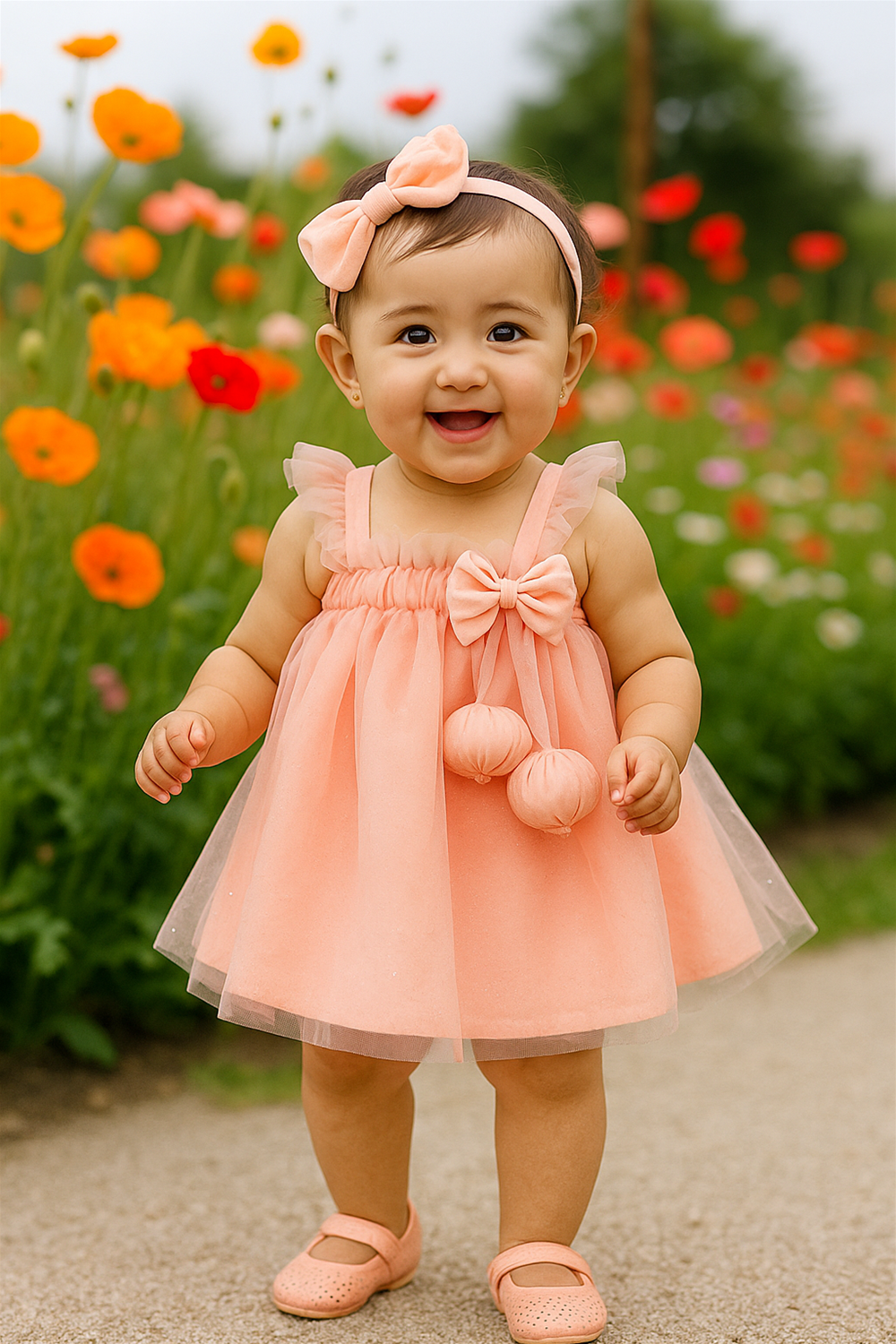 Baby girl wearing a sleeveless peach net frock with ruffle straps, a bow, and two hanging fabric balls. She stands smiling in a vibrant flower garden, matching headband and shoes completing the look.          Ask ChatGPT