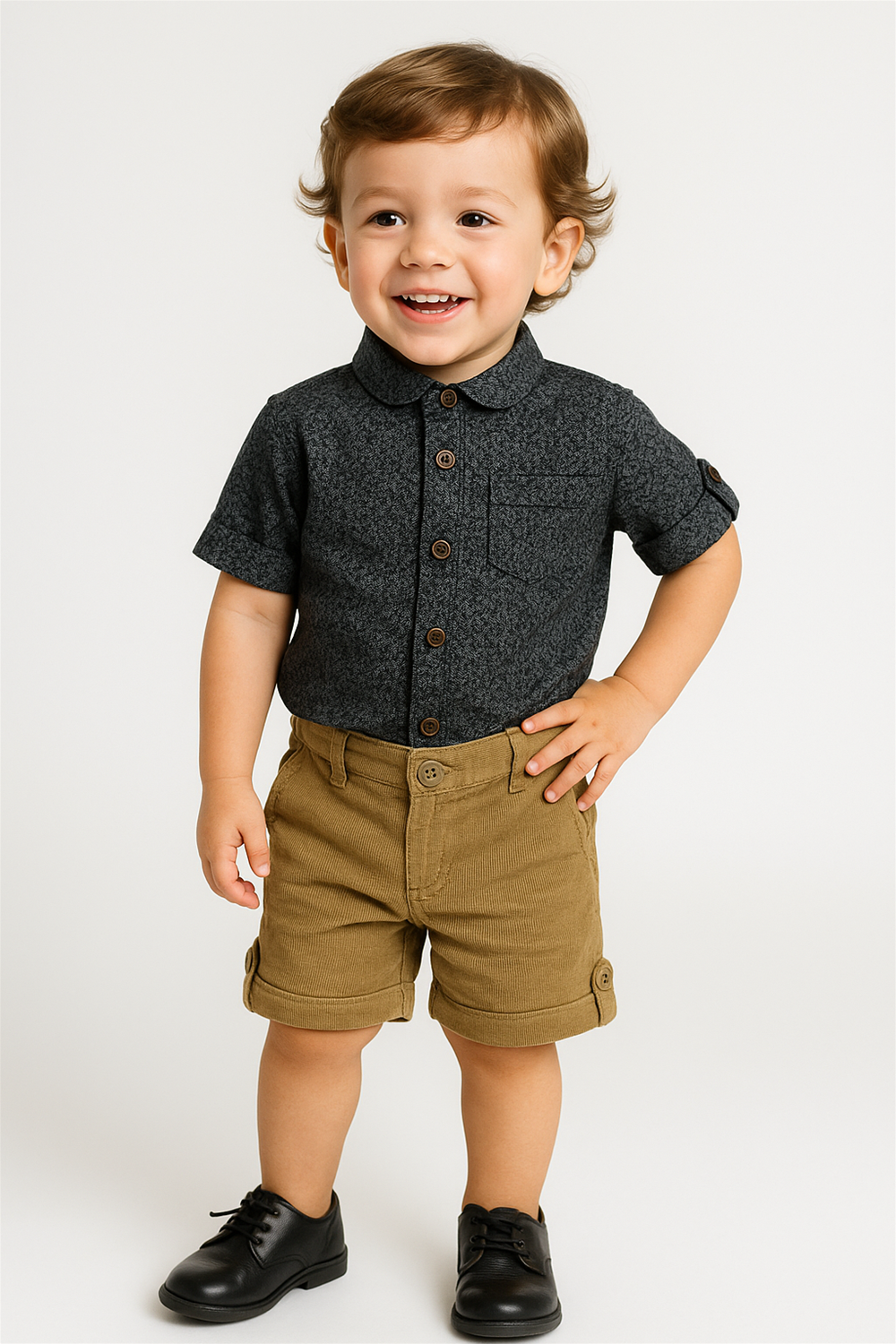 Studio portrait of smiling toddler boy in charcoal shirt with front pocket and beige rolled shorts, wearing black shoes.