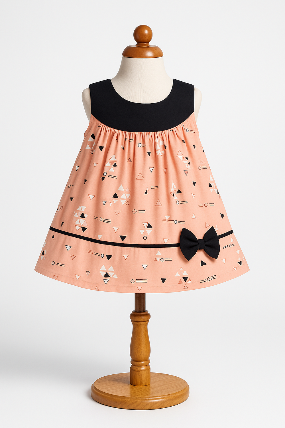 Baby frock in peach frock with black neckline, displayed on wooden mannequin stand against plain studio background.