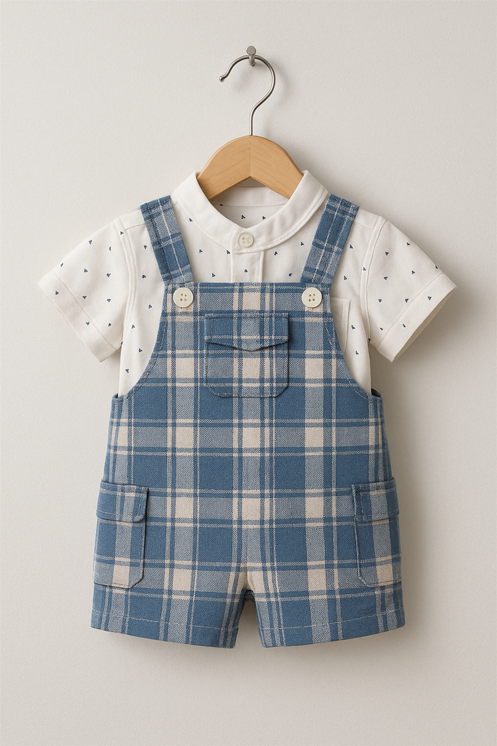 Baby boy's Blue cotton check dungaree showcasing a cute and casual outfit for young children.
