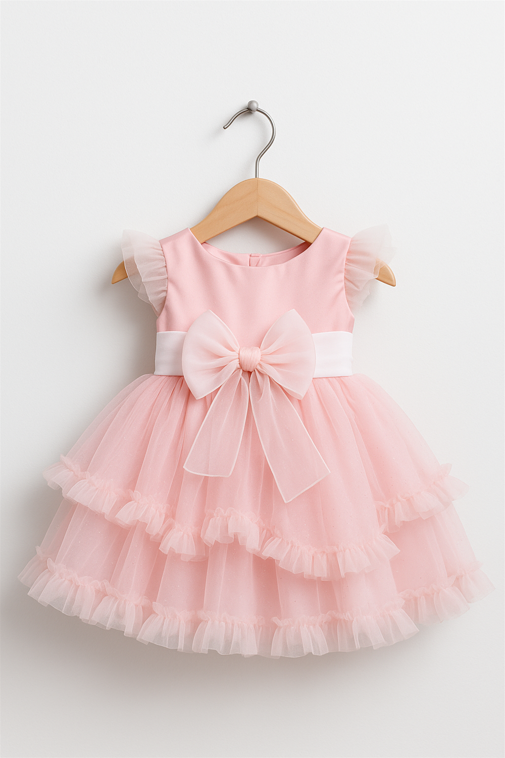 A pink birthday dress display in a wooden hanger front view.