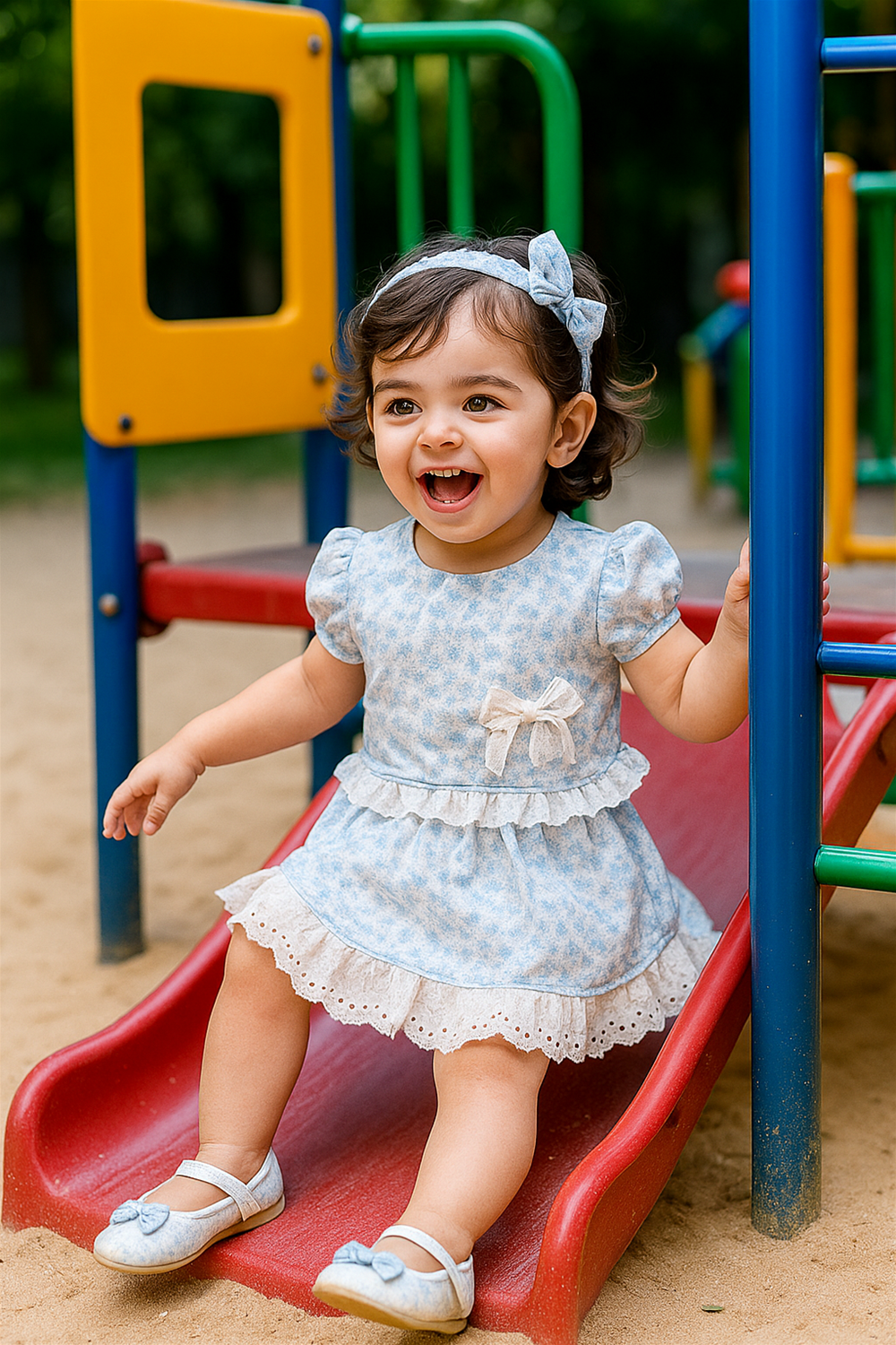 A baby girl in a blue Co-ord Set Midi and blue shoes, sitting happily with a bright smile on her face.