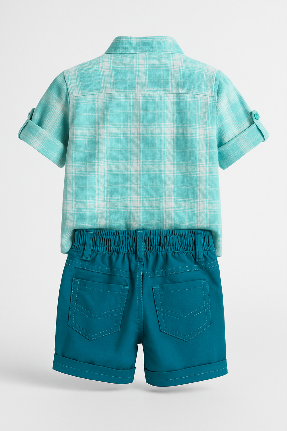Back view of aqua blue plaid short-sleeve baby shirt on wooden hanger, displayed against plain white studio background.