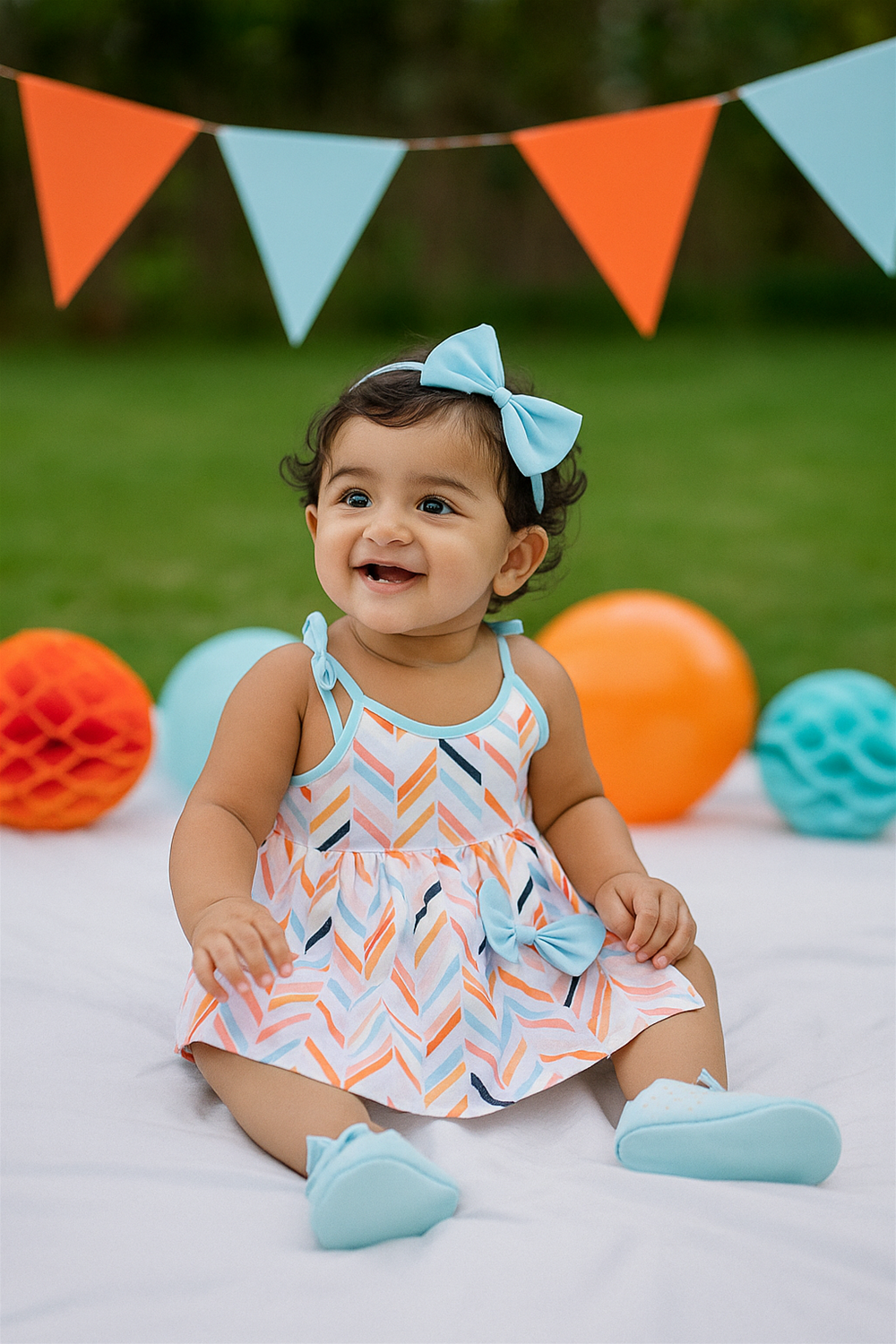 A joyful baby girl sits on a white blanket outdoors, dressed in a pastel chevron-print dress with a matching light blue bow and shoes. Behind her, colorful balloons and orange-blue bunting enhance the festive garden party atmosphere.