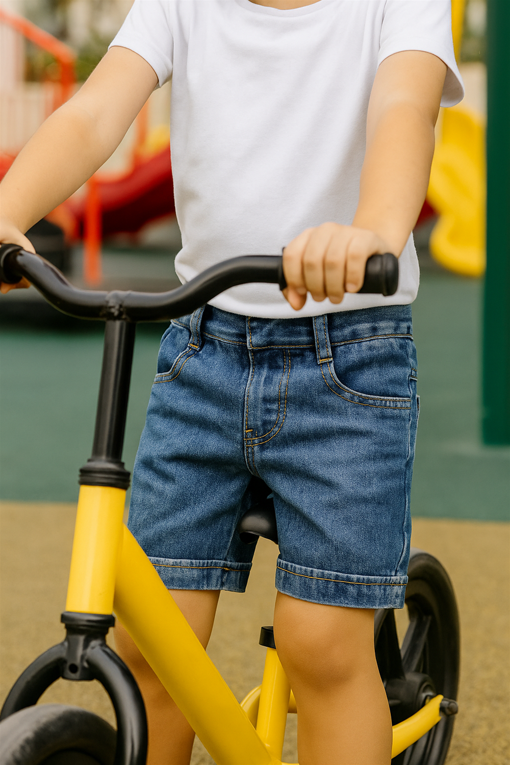 Boy riding yellow balance bike wearing blue denim shorts and white t-shirt, close-up showing front pockets and rolled hem design.